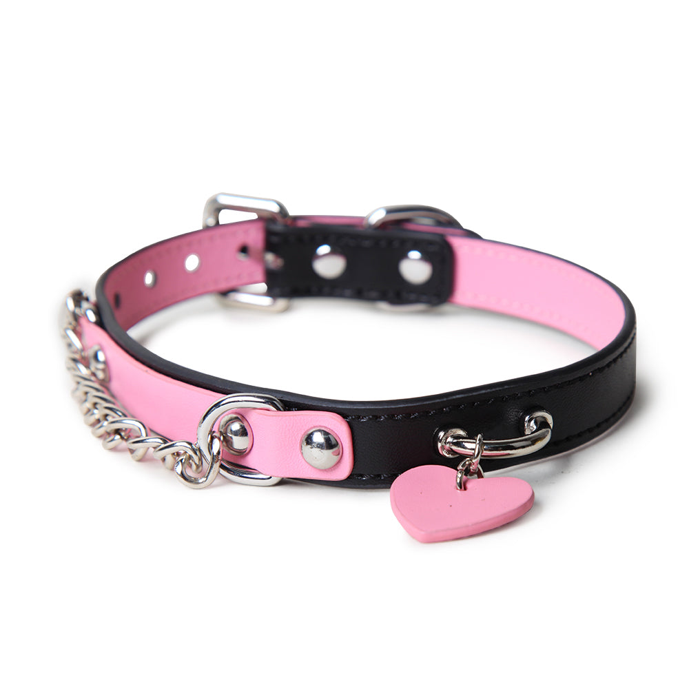 WILDCHOK Two‑Tone Cowhide Leather Choker, Heart Pendant with Chain