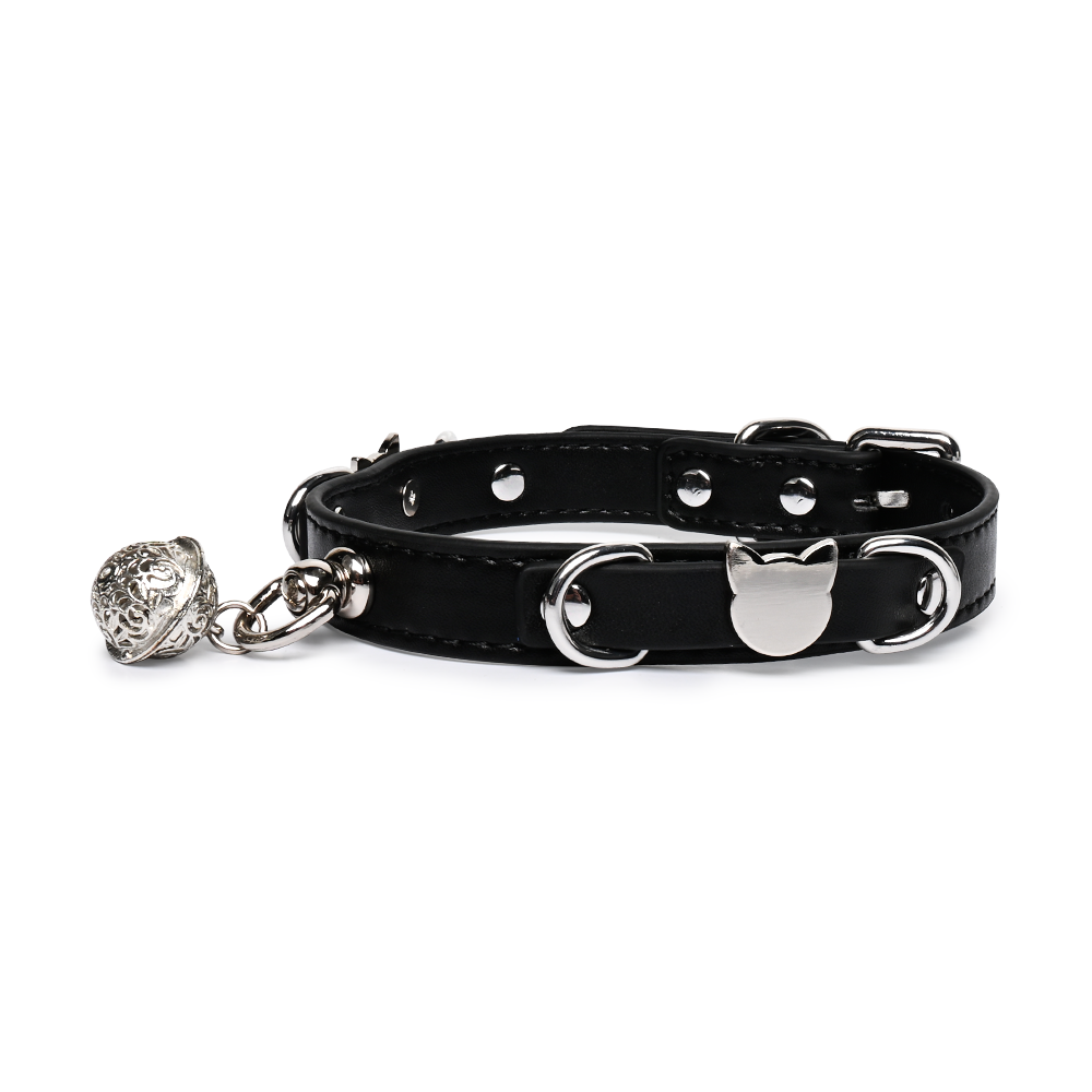 WILDCHOK Genuine Cowhide Leather Choker | Cat‑Face Charm with Hollow Vintage Bell Pendant