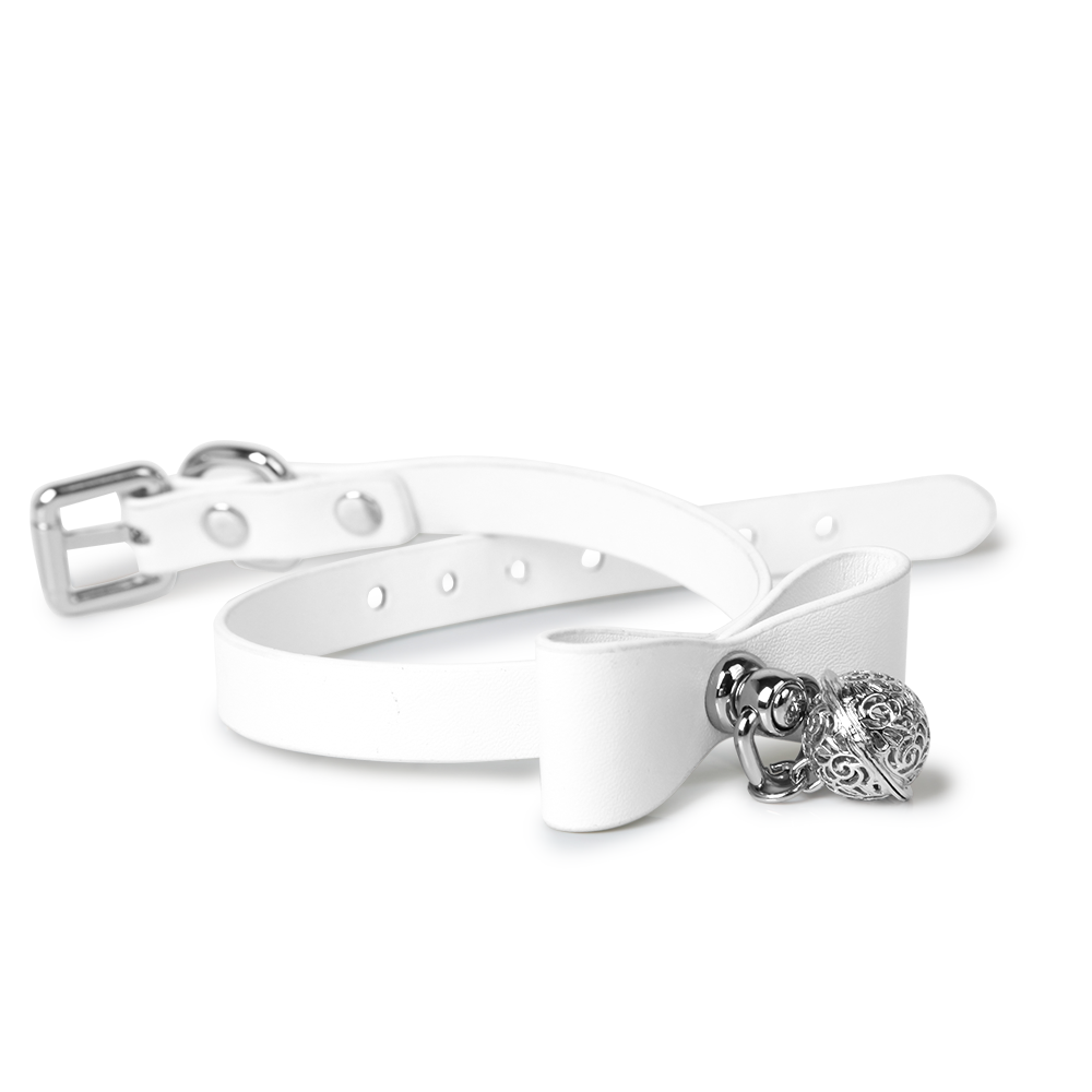 WILDCHOK White PU Leather Choker, Adjustable Collar with White Bow & Bell