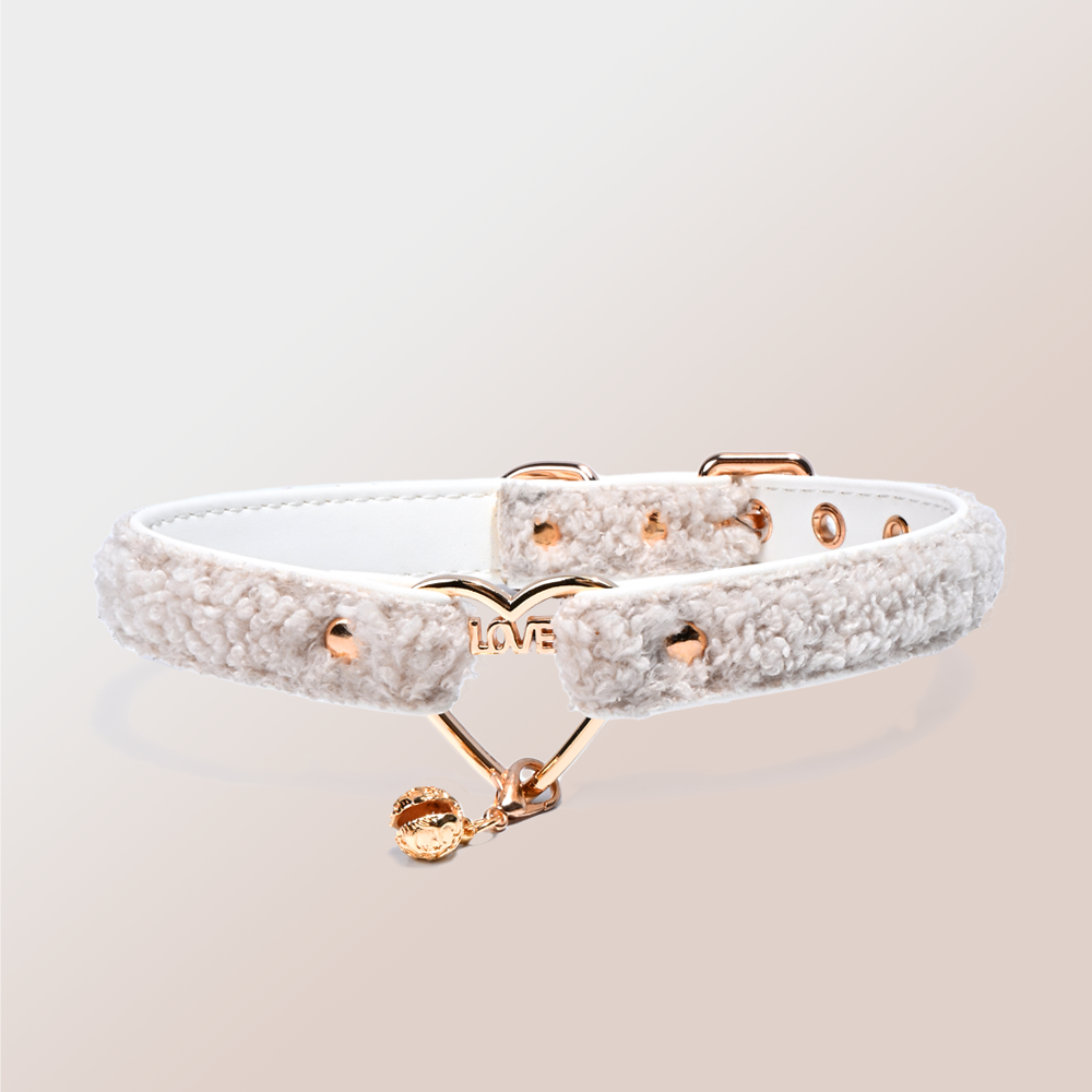 WILDCHOK Teddy Fleece Choker | LOVE‑Letter Heart Frame with Gold Bell Pendant