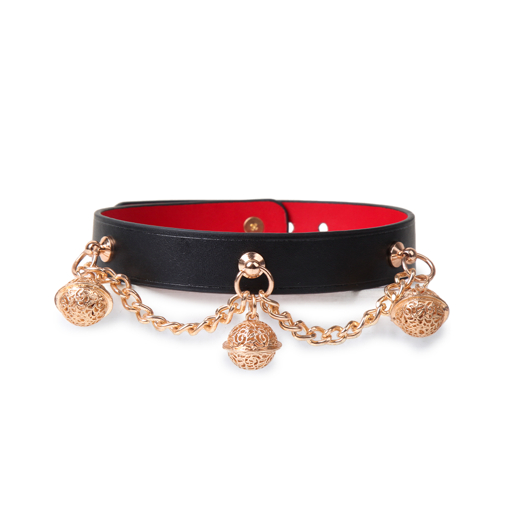 WILDCHOK Leather Bell Choker | Gold Chain Pendant Adjustable Cowhide Collar