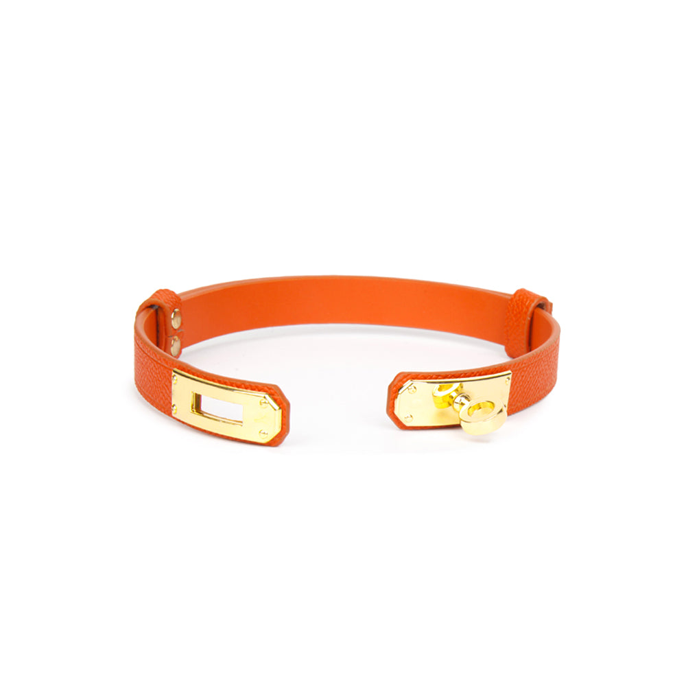 WILDCHOK Leather Choker with Gold Lock Buckle - Textured Black Red Orange Daily Party Fashion Accessory