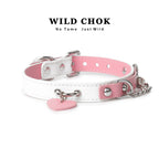 WILD CHOK Genuine Cowhide Leather Choker - Pink White Two-Tone Heart Pendant Metal Chain Edgy Daily Party Accessory