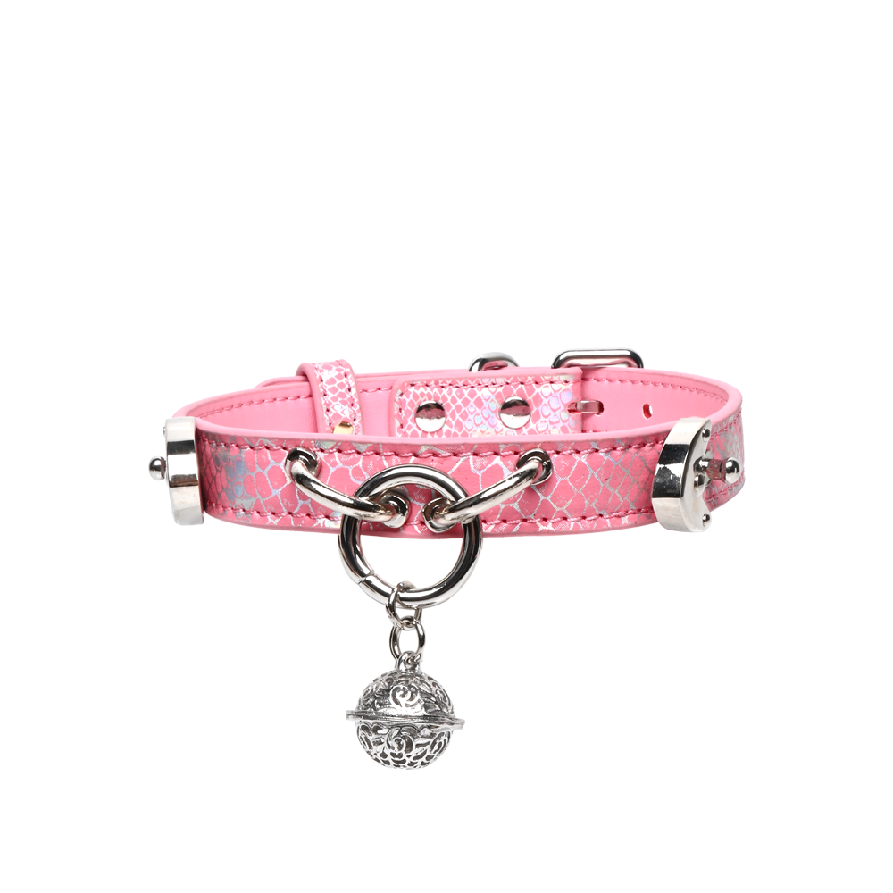 WILDCHOK Snake-Print Leather Choker, O-Ring Collar with Bell