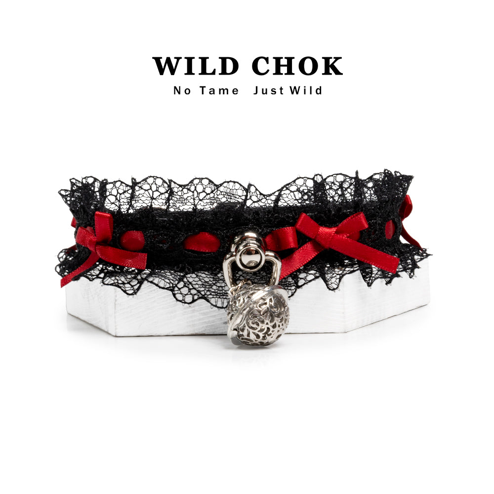 WILD CHOK Lace Choker - Black Red Two-Tone Bow Bell Pendant Edgy Daily Party Accessory