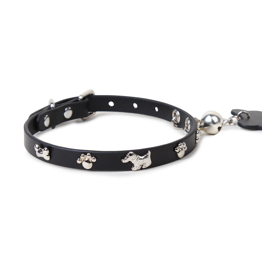 WILDCHOK Dark Paw & Bone Choker | Unisex Adjustable Black Faux Leather Collar with Bell and Bone Tag Pendant