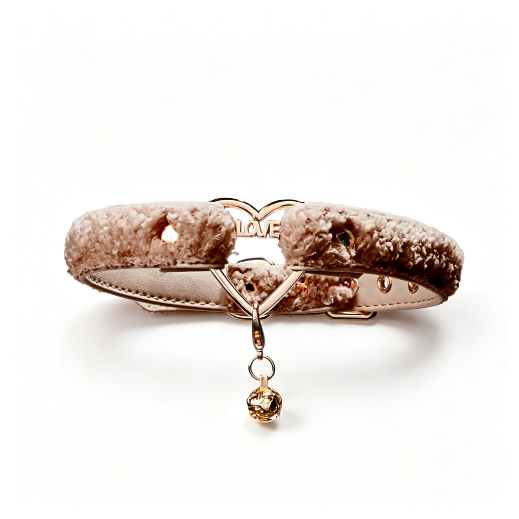 WILDCHOK Teddy Fleece Choker | LOVE‑Letter Heart Frame with Gold Bell Pendant
