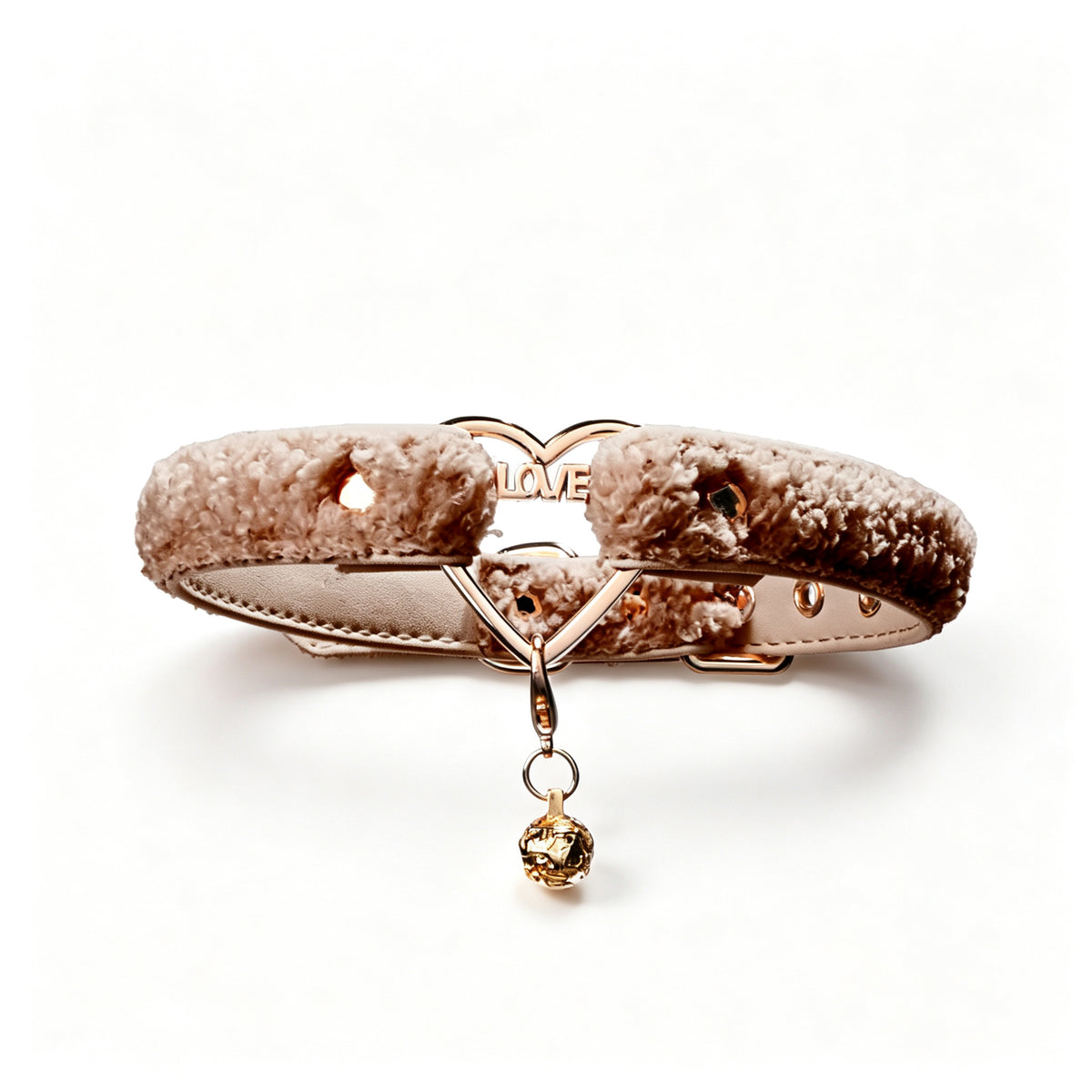WILDCHOK Teddy Fleece Choker | LOVE‑Letter Heart Frame with Gold Bell Pendant