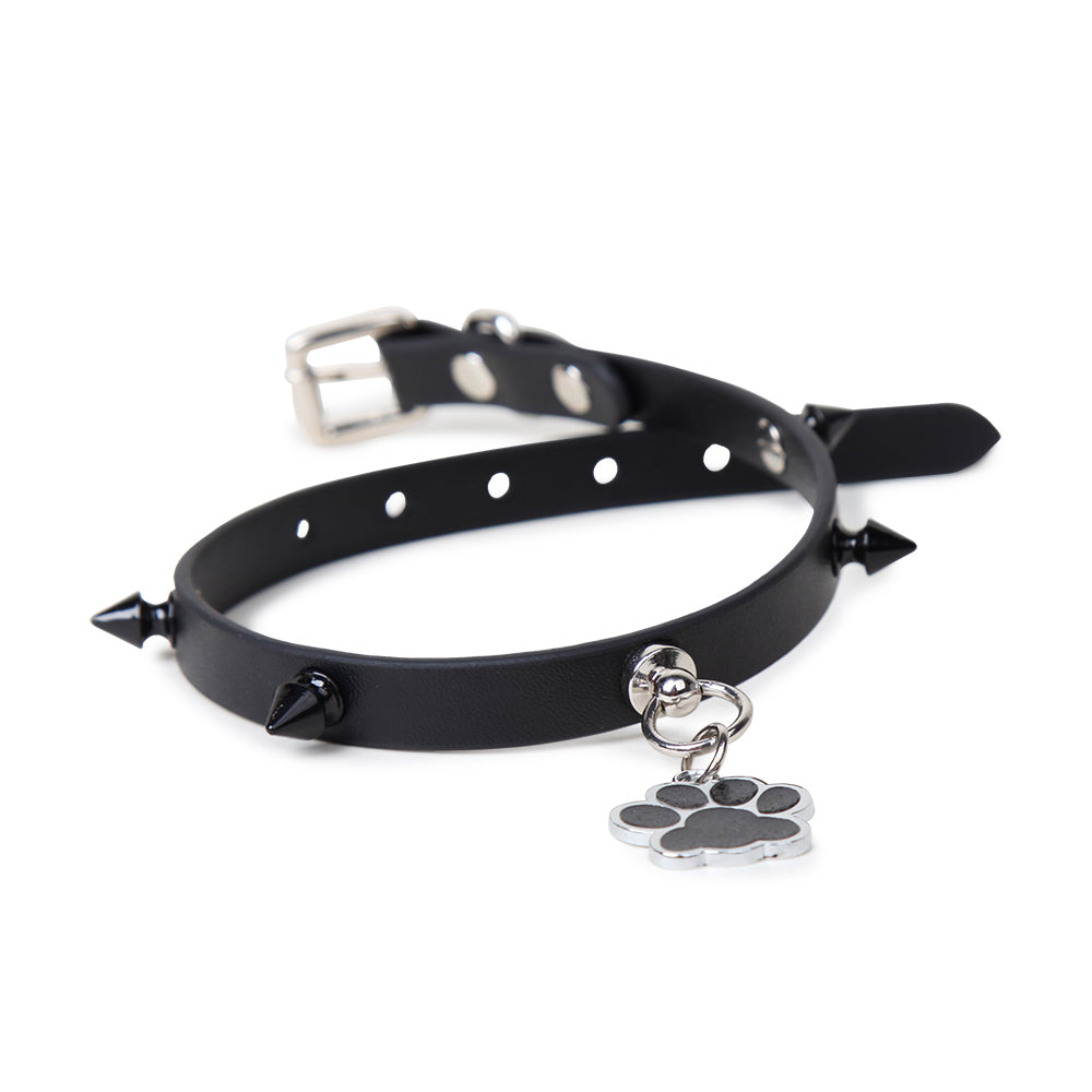Paw Print Pendant Spiked Genuine Cowhide Choker, Punk Adjustable Human Collar