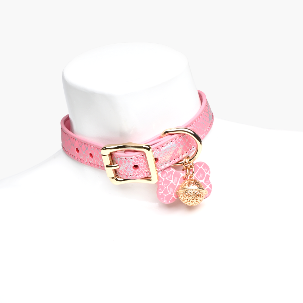 WILDCHOK Snake-Print Leather Choker, Gold Hardware with Bone Charm & Bell