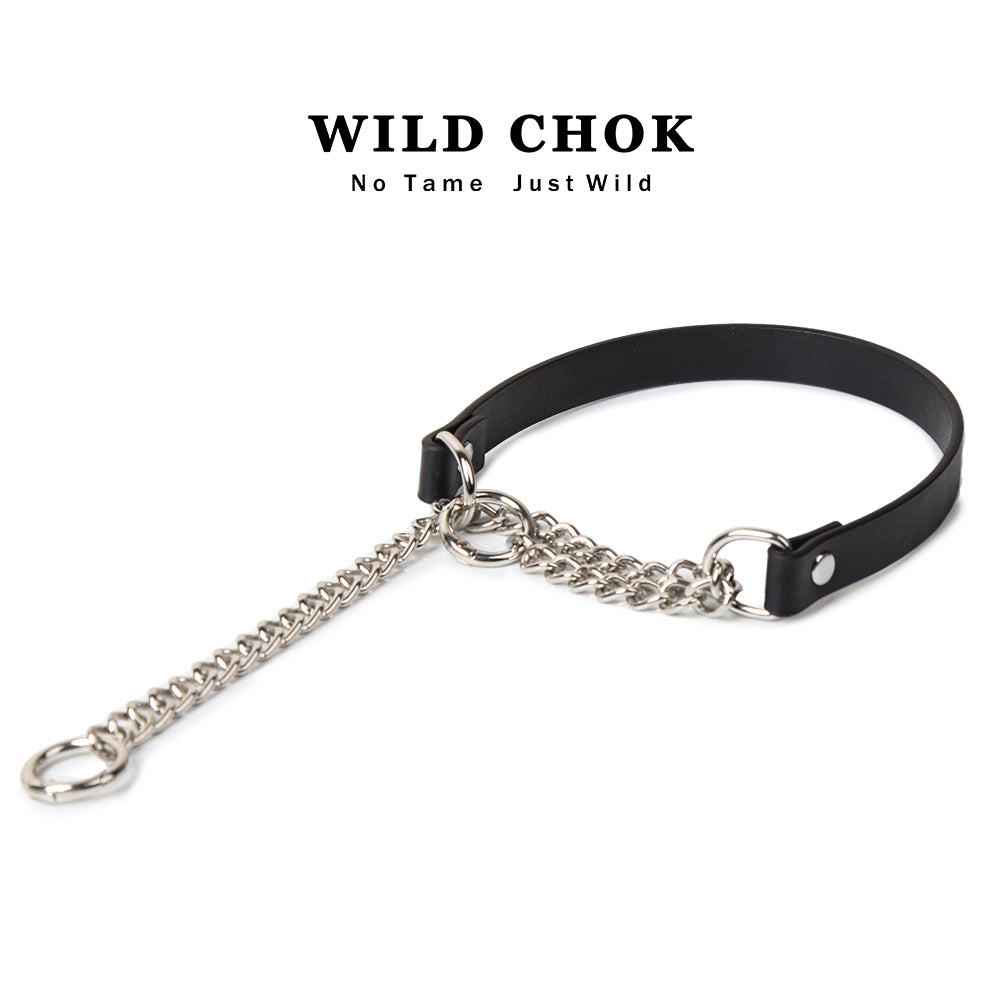 WILD CHOK PU Leather Choker with Metal Chain & Ring - Black White Edgy Daily Party Fashion Accessory