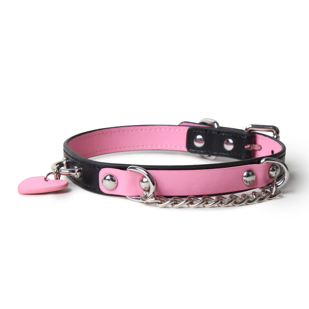 WILDCHOK Two‑Tone Cowhide Leather Choker, Heart Pendant with Chain
