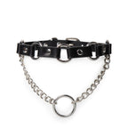 WILDCHOK Black PU Leather Choker | Multi O‑Ring Hardware with Front Chain Pendant