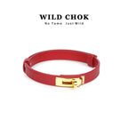 WILDCHOK Genuine Cowhide Leather Choker with Gold Lock Buckle - Red Black Orange Textured Daily Party Fashion Accessory