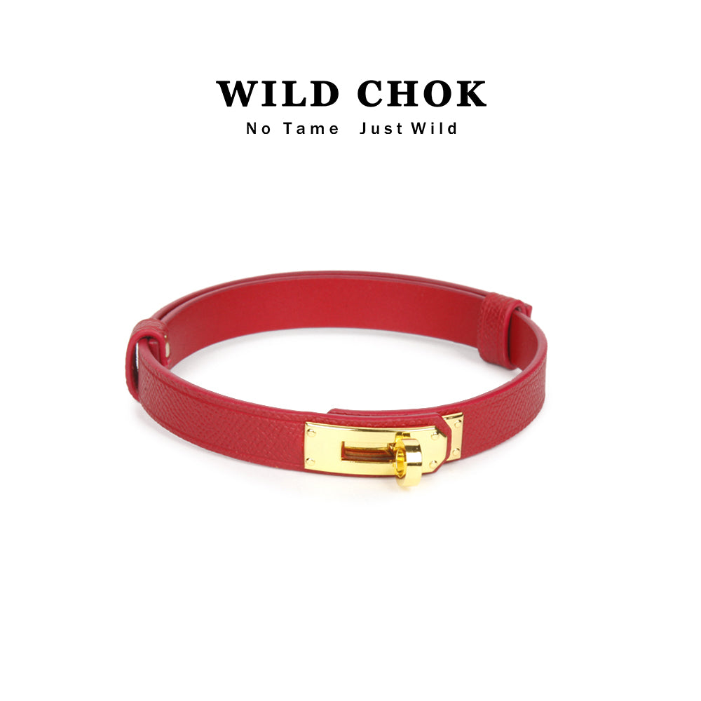 WILDCHOK Genuine Cowhide Leather Choker with Gold Lock Buckle - Red Black Orange Textured Daily Party Fashion Accessory