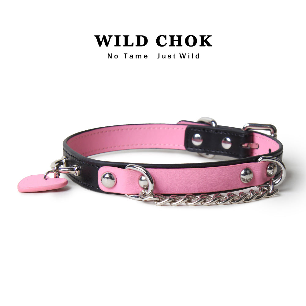 WILD CHOK - Pink Black Two-Tone Heart Pendant Metal Chain Edgy Daily Party Accessory