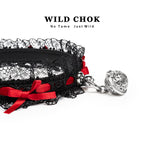 WILD CHOK Lace Choker - Black Red Two-Tone Bow Bell Pendant Edgy Daily Party Accessory