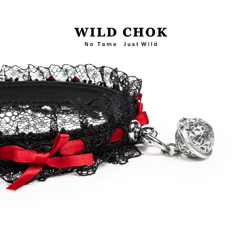 WILD CHOK Lace Choker - Black Red Two-Tone Bow Bell Pendant Edgy Daily Party Accessory