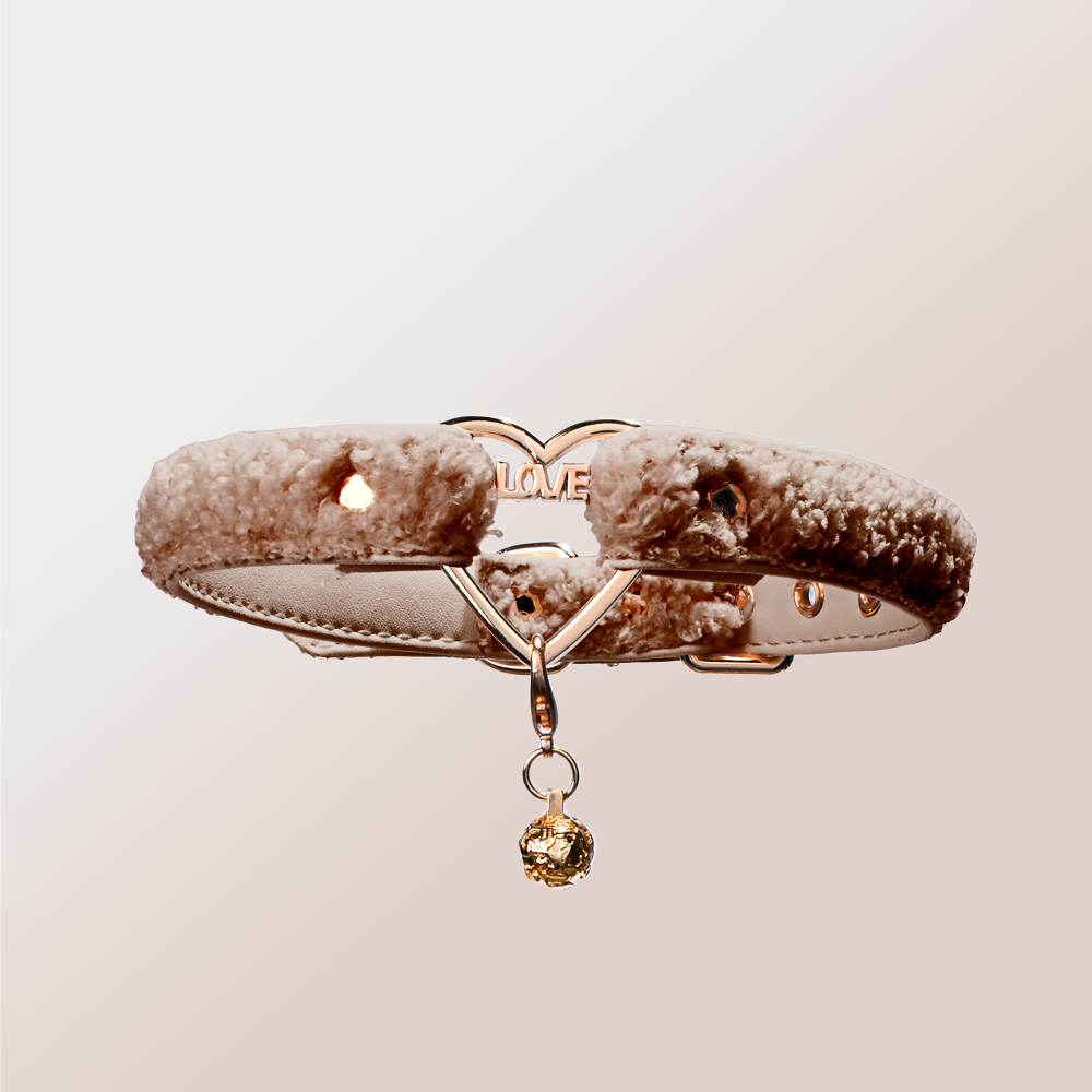 WILDCHOK Teddy Fleece Choker | LOVE‑Letter Heart Frame with Gold Bell Pendant