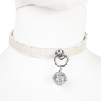 WILDCHOK White Croc‑Texture Genuine Cowhide Choker, Hollow‑Carved Silver Bell Charm