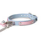 WILDCHOK Pink‑Blue Two‑Tone Cowhide Choker, Adjustable Necklace with Bone Charm & Bell