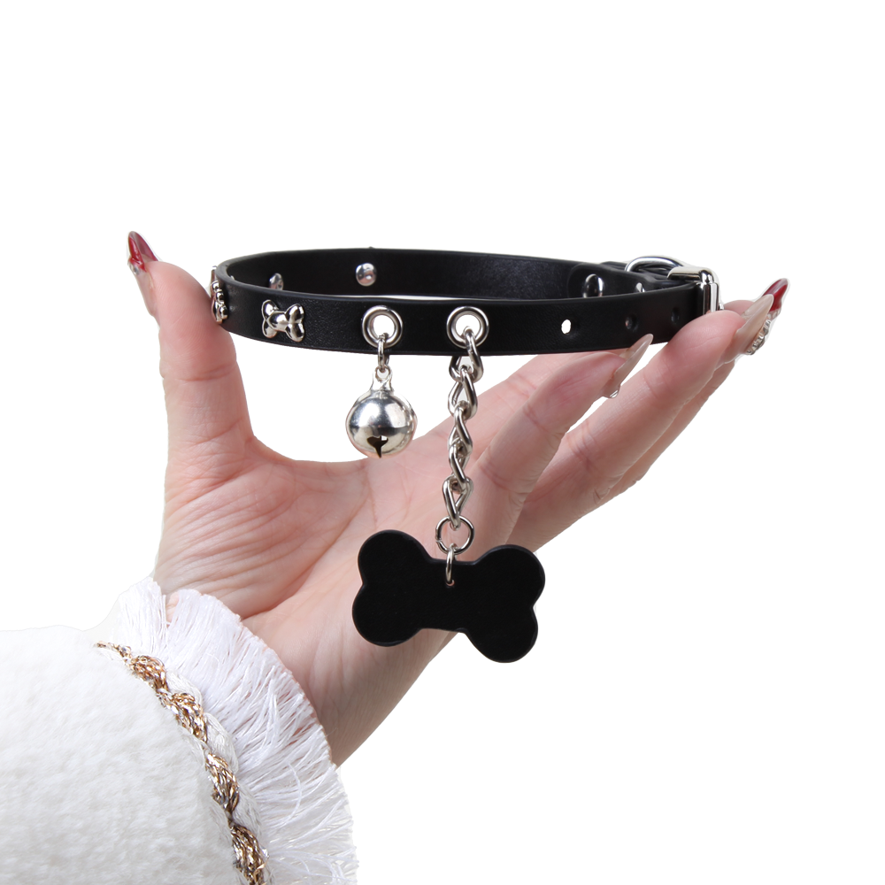 WILDCHOK Dark Paw & Bone Choker | Unisex Adjustable Black Faux Leather Collar with Bell and Bone Tag Pendant