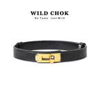 WILDCHOK Genuine Cowhide Leather Choker with Gold Lock Buckle - Red Black Orange Textured Daily Party Fashion Accessory
