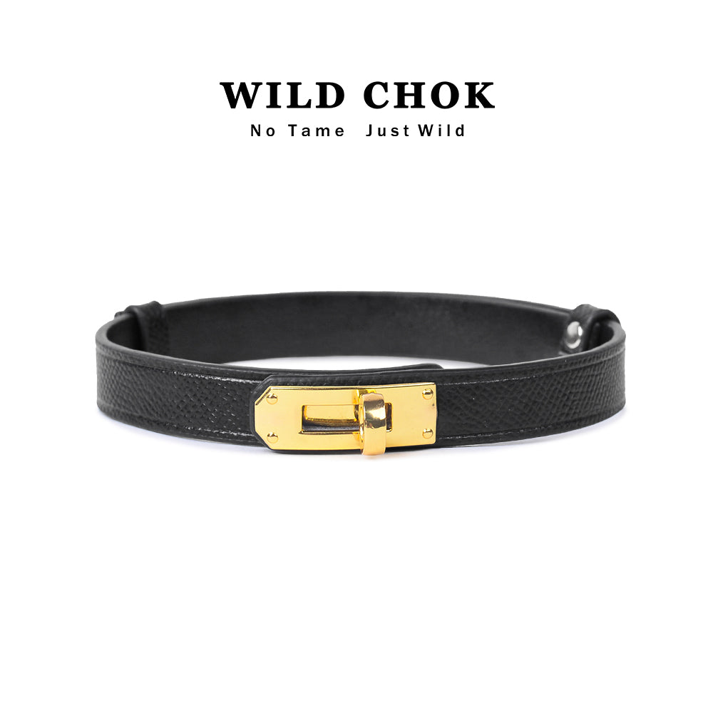 WILDCHOK Genuine Cowhide Leather Choker with Gold Lock Buckle - Red Black Orange Textured Daily Party Fashion Accessory