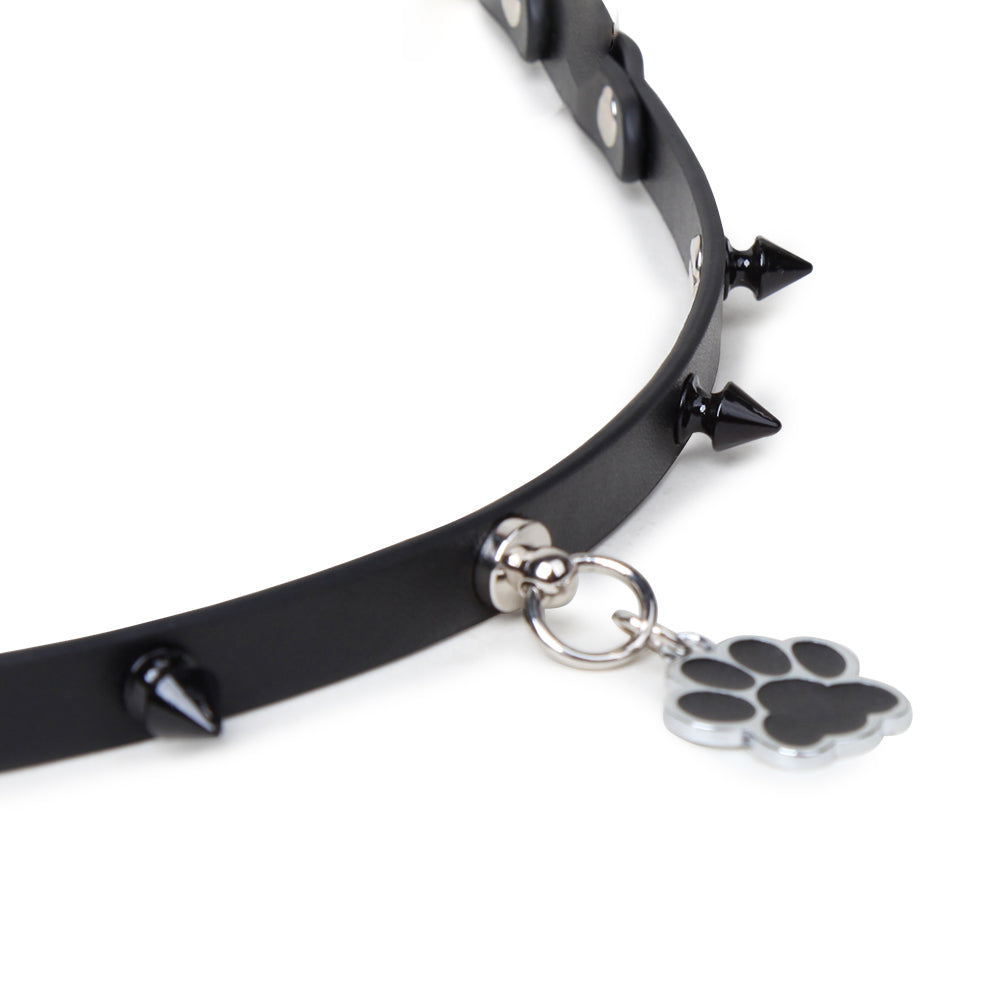 Paw Print Pendant Spiked Genuine Cowhide Choker, Punk Adjustable Human Collar