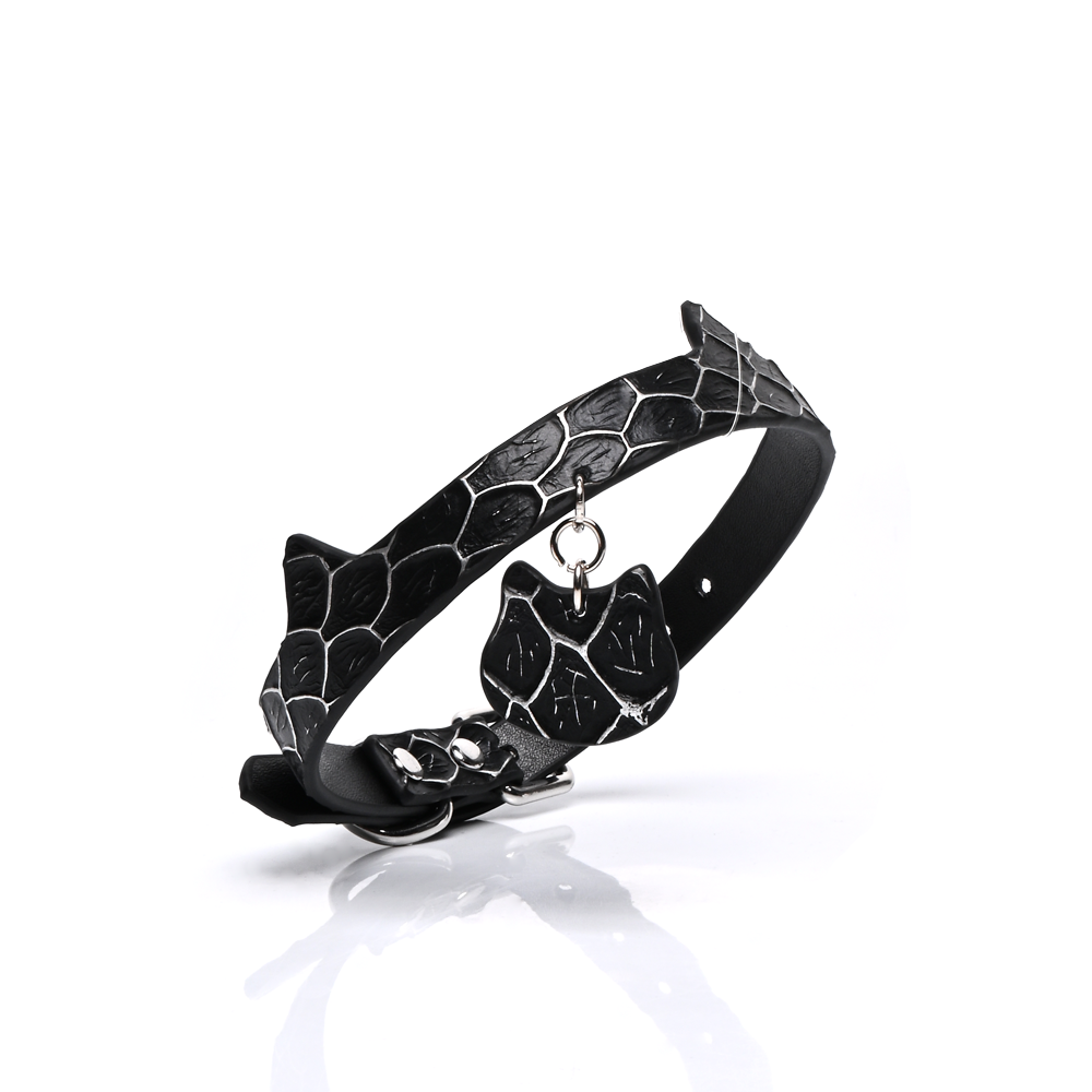 Cat Ear Snake Print Genuine Cowhide Choker, Adjustable Cat Pendant Collar