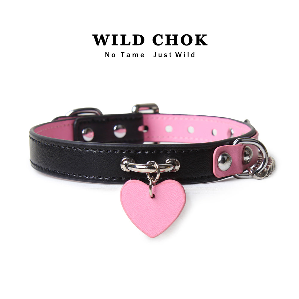 WILD CHOK - Pink Black Two-Tone Heart Pendant Metal Chain Edgy Daily Party Accessory