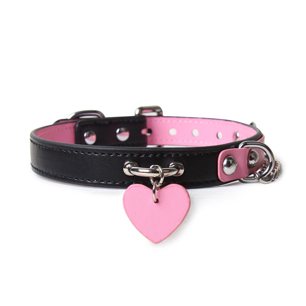 WILDCHOK Two‑Tone Cowhide Leather Choker, Heart Pendant with Chain