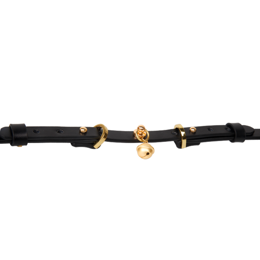 WILDCHOK Black Genuine Cowhide Choker, Adjustable Leather Necklace with Gold Bell Charm