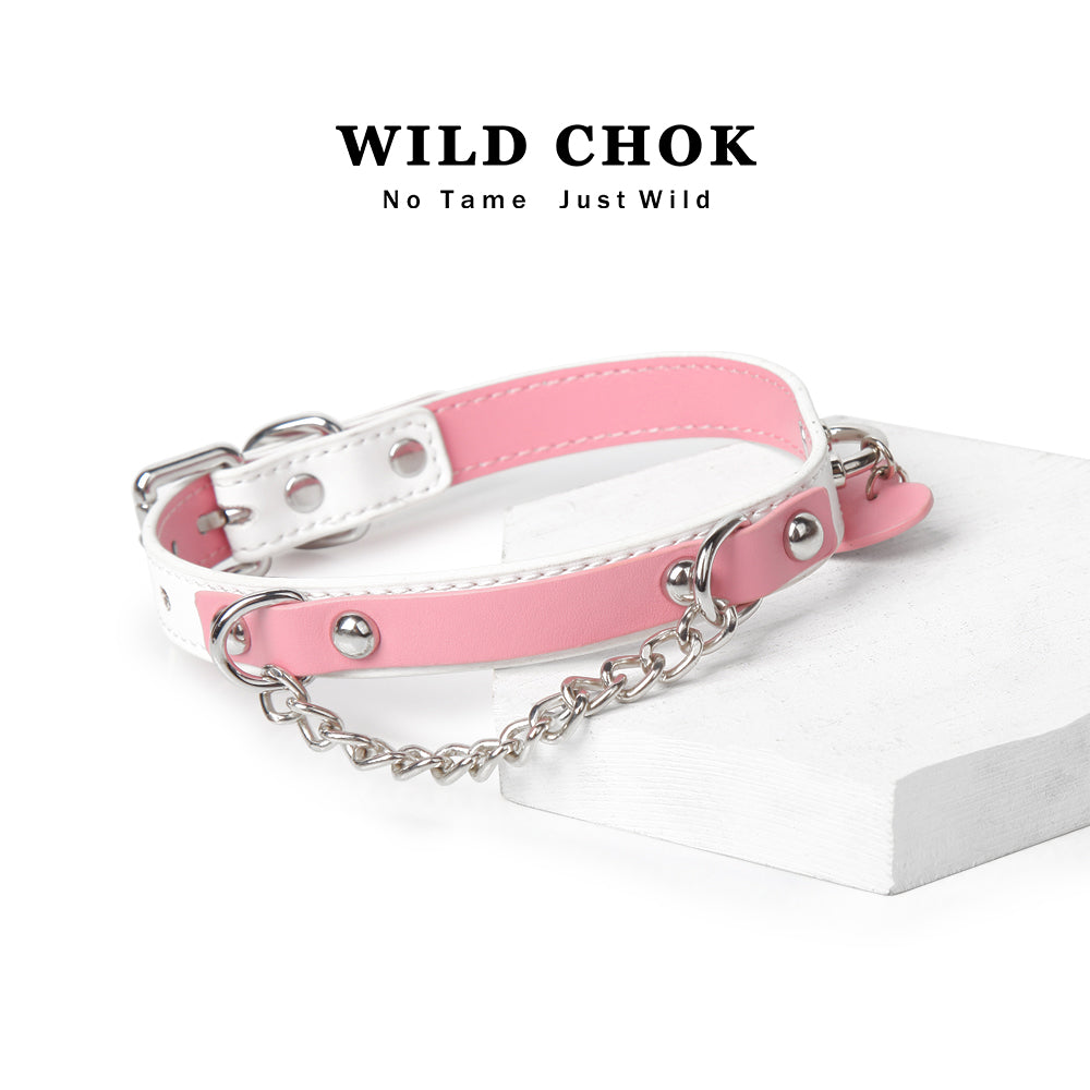WILD CHOK Genuine Cowhide Leather Choker - Pink White Two-Tone Heart Pendant Metal Chain Edgy Daily Party Accessory