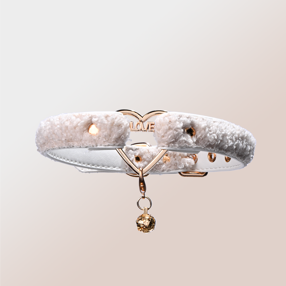 WILDCHOK Teddy Fleece Choker | LOVE‑Letter Heart Frame with Gold Bell Pendant