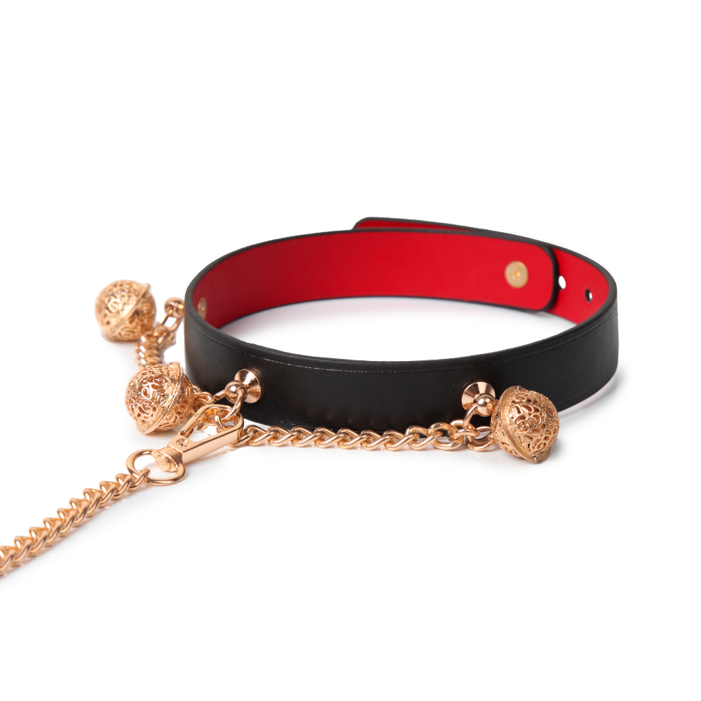 WILDCHOK Leather Bell Choker | Gold Chain Pendant Adjustable Cowhide Collar