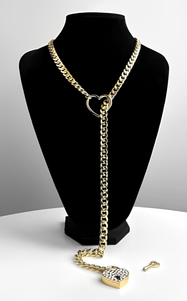 WILDCHOK - Crystal Heart Lock & Key Slip Chain