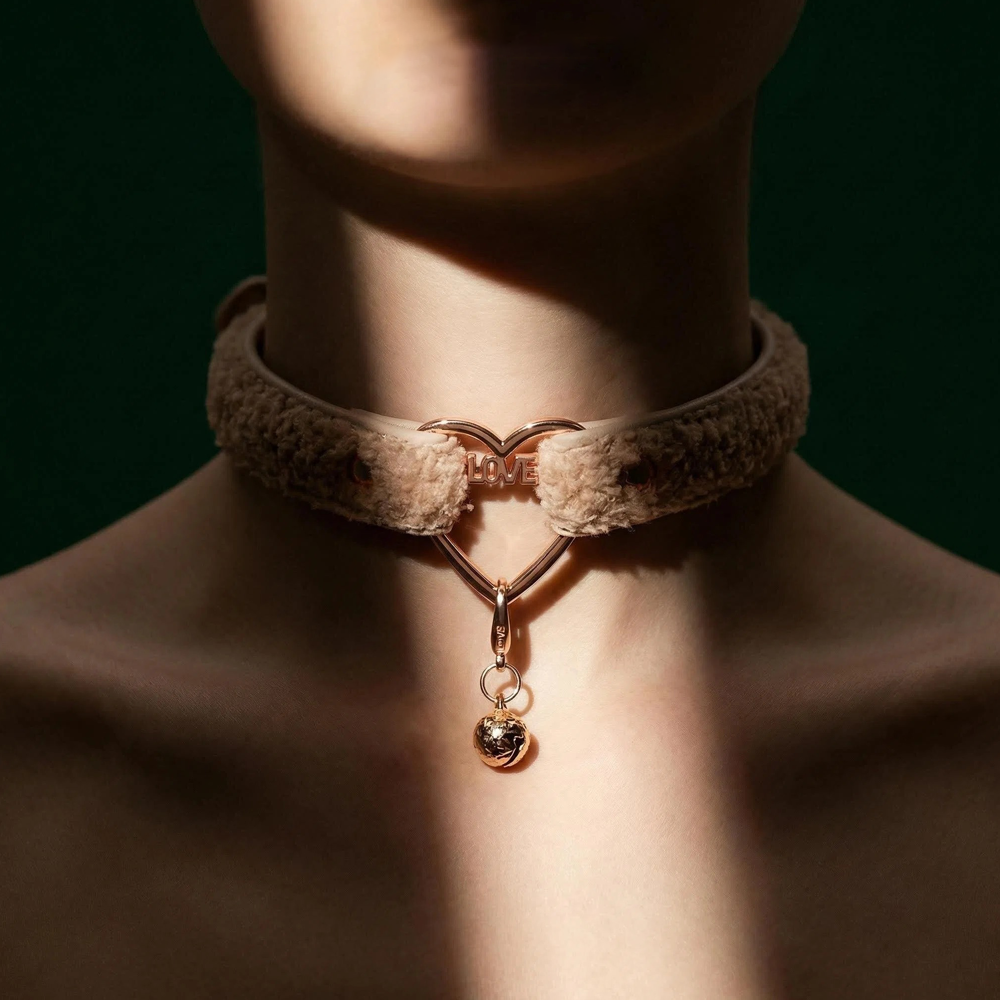WILDCHOK Teddy Fleece Choker | LOVE‑Letter Heart Frame with Gold Bell Pendant