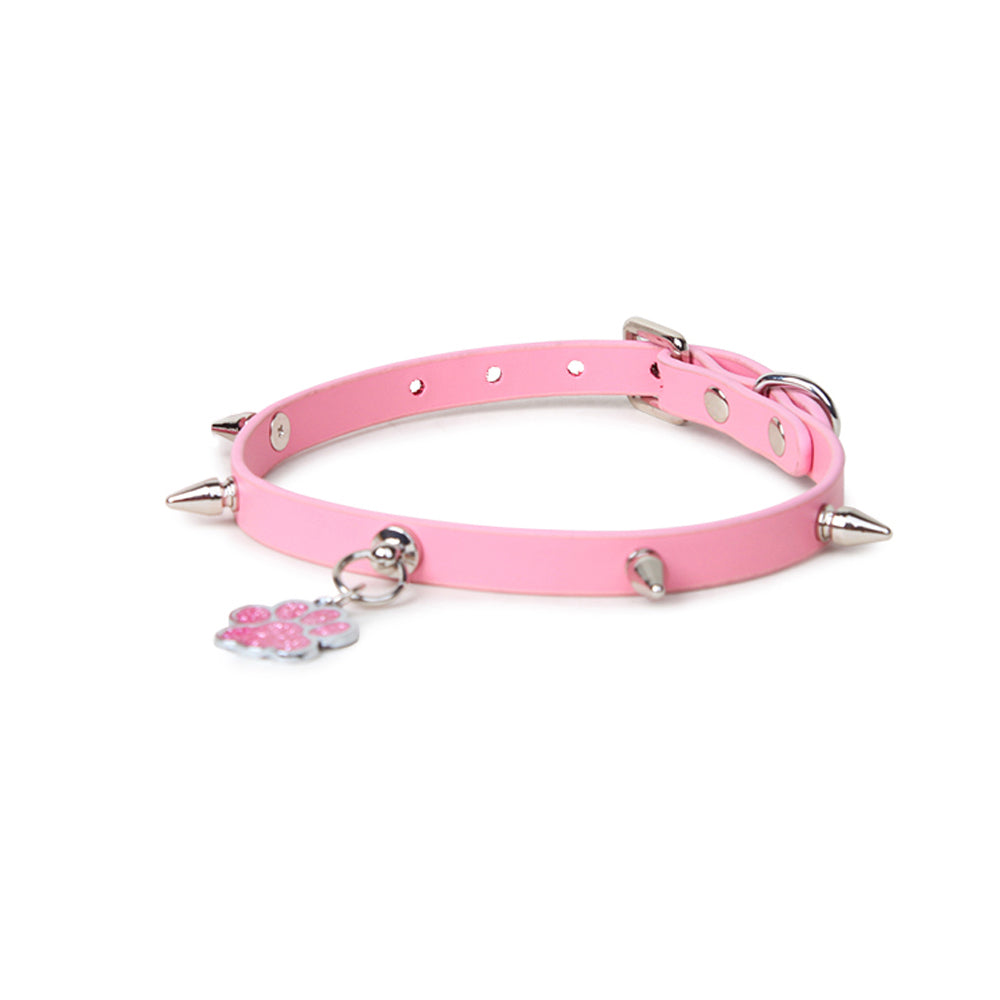 Paw Print Pendant Spiked Genuine Cowhide Choker, Punk Adjustable Human Collar