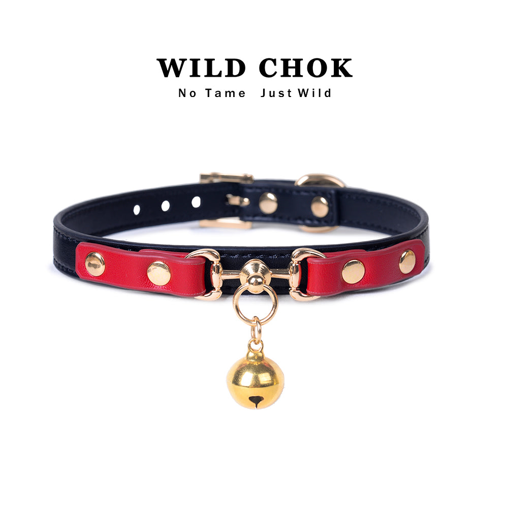WILD CHOK Choker - Red Blac Gold Rivet Bell Pendant Edgy Daily Party Fashion Accessory
