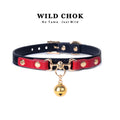 WILD CHOK Choker - Red Blac Gold Rivet Bell Pendant Edgy Daily Party Fashion Accessory