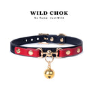 WILD CHOK Choker - Red Blac Gold Rivet Bell Pendant Edgy Daily Party Fashion Accessory