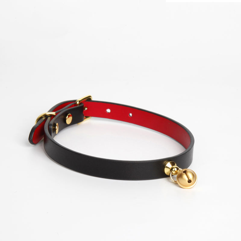 WILDCHOK Genuine Cowhide Leather Choker | Contrast Inner Lining with Gold Bell Pendant