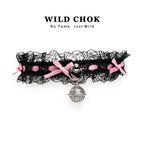 WILD CHOK Lace Choker - Black Red Two-Tone Bow Bell Pendant Edgy Daily Party Accessory