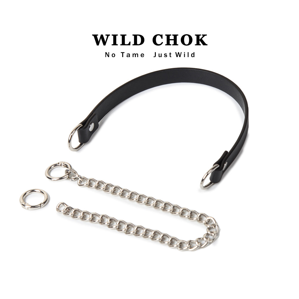 WILD CHOK PU Leather Choker with Metal Chain & Ring - Black White Edgy Daily Party Fashion Accessory