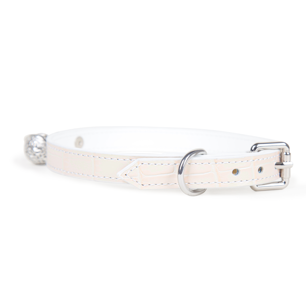 WILDCHOK White Croc‑Texture Genuine Cowhide Choker, Hollow‑Carved Silver Bell Charm