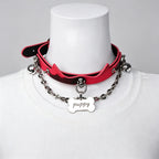 WILDCHOK Red Cat‑Ear PU Choker | Bone‑Shaped Engravable Charm with Dual Bells
