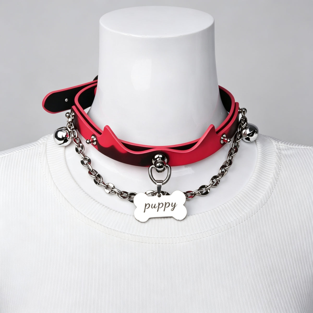 WILDCHOK Red Cat‑Ear PU Choker | Bone‑Shaped Engravable Charm with Dual Bells