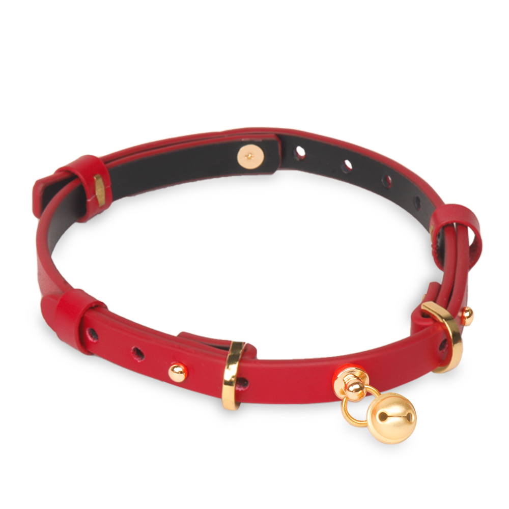 WILDCHOK Black Genuine Cowhide Choker, Adjustable Leather Necklace with Gold Bell Charm