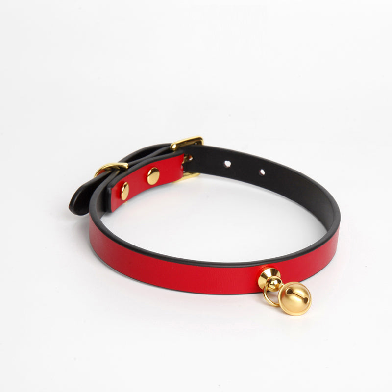 WILDCHOK Genuine Cowhide Leather Choker | Contrast Inner Lining with Gold Bell Pendant